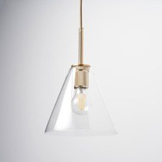 Exel Noord Knurled Ceiling Light Pendant - Satin Brass Fittings and Hooded Clear Glass Shade