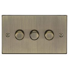 Knightsbridge 5 - 150W 3 Gang 2 Way Push On/Off Rotary Square Intelligent LED Dimmer - Antique Brass