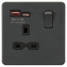 Knightsbridge 13A 1 Gang Flat Plate Type A/C USB Socket with 2 x USB - 1.5A - Anthracite/Black