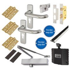 Medium Duty Euro Lock Door Handle on Backplate Fire Door Kit & Dorgard Holder - Push/Pull -Aluminium