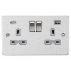 Knightsbridge 13A 2 Gang Flat Plate Type A/C USB Socket with 2 x USB - 4A - Brushed Chrome/Grey