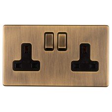 Eurolite Concealed 13A 2 Gang Screwless Flat Plate DP Switched Socket - Antique Brass/Black
