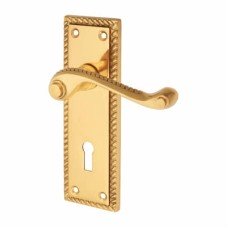 Exel Polished Brass Georgian Scroll Keyhole Lock Door Handle - 150 x 48mm