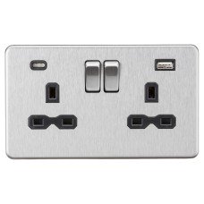 Knightsbridge 13A 2 Gang Screwless Type A/C USB Socket with 2 x USB - 4A - Brushed Chrome/Black