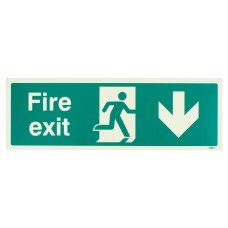 Exel Photoluminescent Fire Exit Running Man Arrow Down Sign - 450 x 150mm - Rigid Plastic
