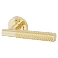 Exel Satin Brass Reeded Door Handles on Round Rose - Lily Range Exel Satin Brass Reeded Door Handles on Round Rose - Lily Range