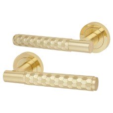 Exel Satin Brass Honeycomb Door Handles on Round Rose - Cara Range 