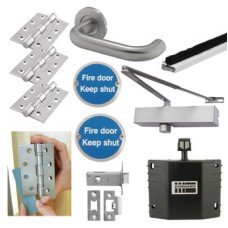 Medium Duty Latch Door Handle on Rose Fire Door Kit & Dorgard Holder - Stainless Steel Medium Duty Latch Door Handle on Rose Fire Door Kit & Dorgard Holder - Stainless Steel