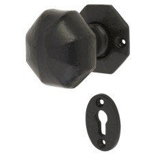 Olde Forge Octagonal Mortice Door Knob with Escutcheon - 55mm Rose Diameter - Antique Black Iron