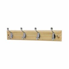 Exel Hat & Coat Hook Rail - 400 x 20 x 71mm - 4 Hooks - Pine Board with Polished Chrome Hooks