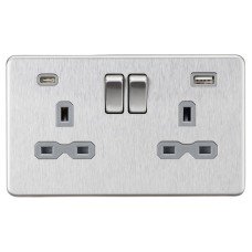 Knightsbridge 13A 2 Gang Screwless Type A/C USB Socket with 2 x USB - 4A - Brushed Chrome/Grey