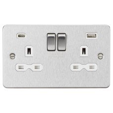 Knightsbridge 13A 2 Gang Flat Plate Type A/C USB Socket with 2 x USB - 4A - Brushed Chrome/White