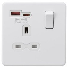 Knightsbridge 13A 1 Gang Flat Plate Type A/C USB Socket with 2 x USB - 1.5A - Matt White/White 