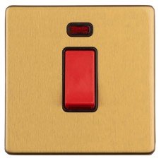 Eurolite Concealed 45A 1 Gang Screwless Flat Plate DP Cooker Switch with Neon - Satin Brass/Black
