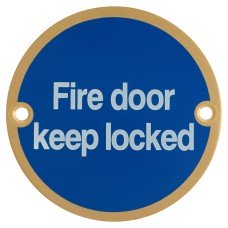 Hampstead Fire Door Keep Locked Door Sign - 75mm Diameter - Satin Brass