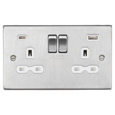 Knightsbridge 13A 2 Gang Square Edge Type A/C USB Socket with 2 x USB - 4A - Brushed Chrome/White