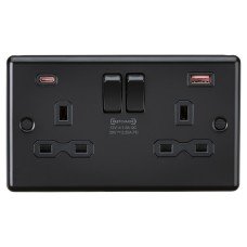 Knightsbridge 13A 2 Gang Round Edge Type A/C 45W USB Socket with 2 x USB - 2.25A - Matt Black/Black