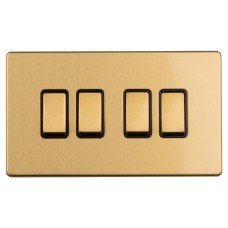 Eurolite Concealed 10A 4 Gang 2 Way Screwless Flat Plate Light Switch - Satin Brass/Black