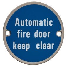 Exel Automatic Fire Door Keep Clear Door Sign - 75mm Diameter - Satin Stainless Steel