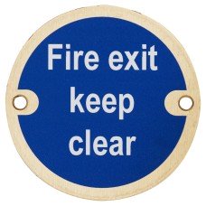 Hampstead Fire Exit Keep Clear Door Sign - 75mm Diameter - Satin Brass