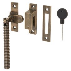 Hampstead Iris Reeded Locking Mortice & Hook Plate Window Fastener - Reversible - Antique Brass