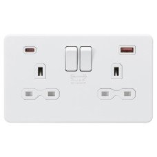 Knightsbridge 13A 2 Gang Type A/QC18W Type C/PD45W USB Socket with 2 x USB - Matt White/White