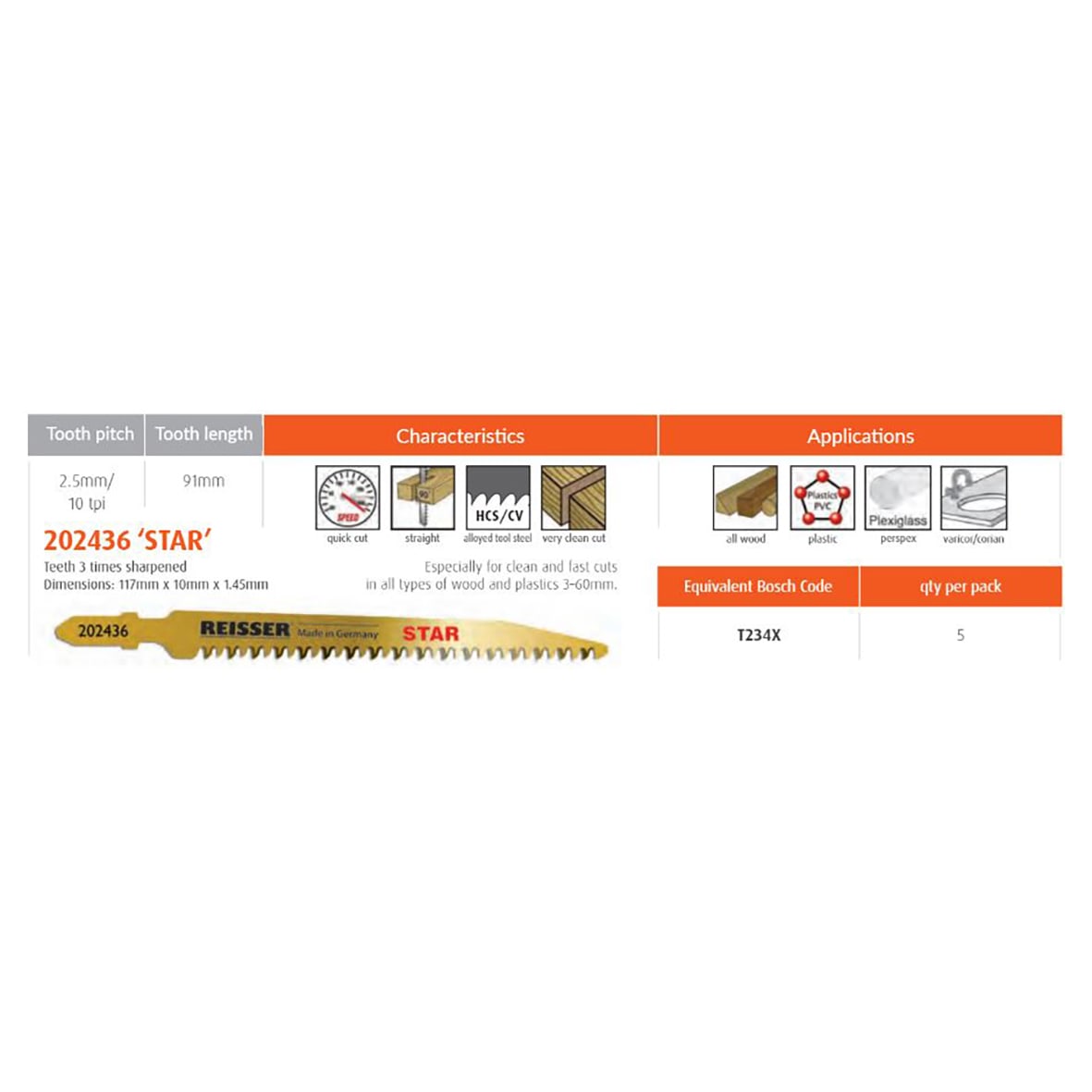 T234X Jigsaw Blade for Wood & Plastic - 117 x 10 x 1.45mm - 10 TPI - Pack of 5 - view 2