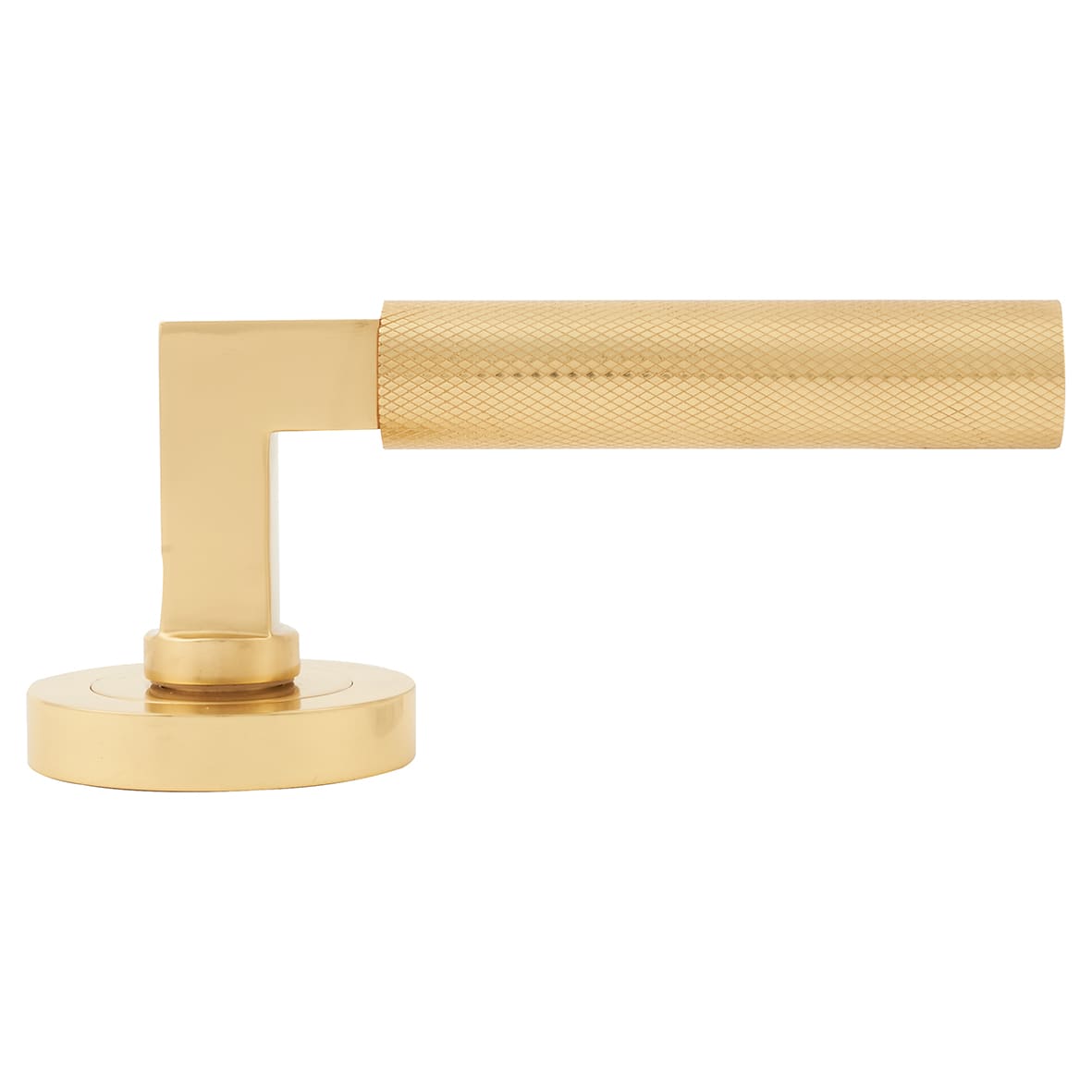 Polished Brass Knurled Door Handles on Round Rose - view 2
