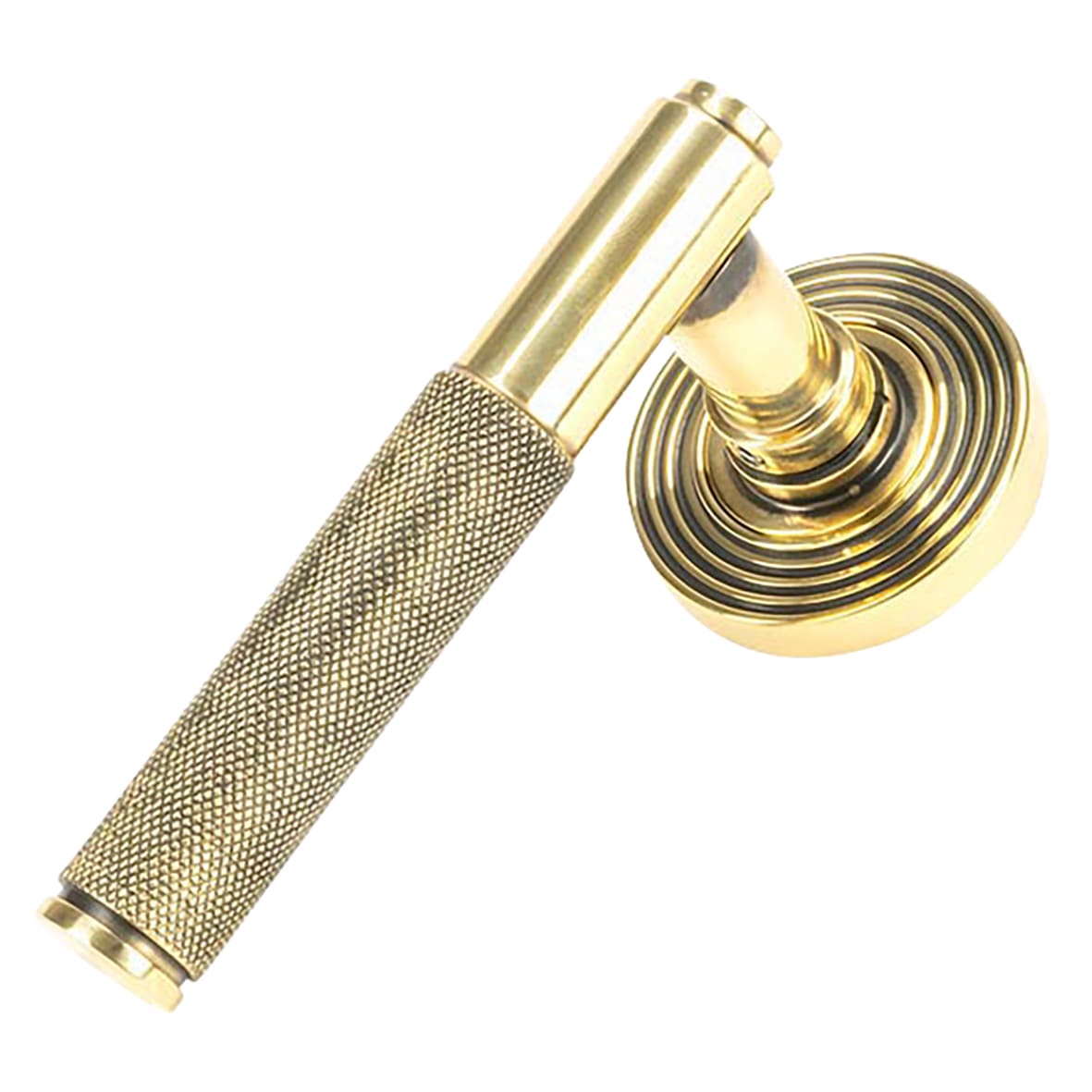 Aged Brass Knurled Door Handles on Round Beehive Rose - Brompton Range - view 2