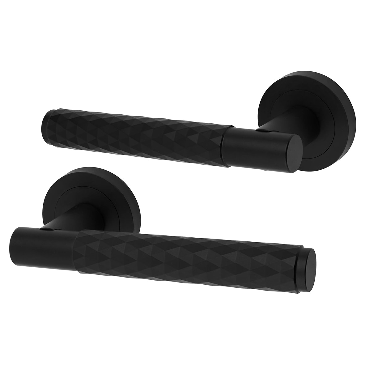 Matt Black Diamond Latch Door Handles on Rose Pack - Luna Range - view 2