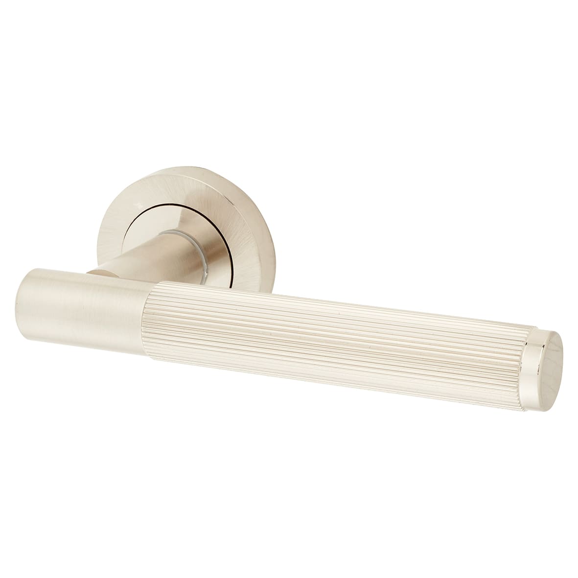 Satin Nickel Fire Rated Lines Door Handles on Rose - Venice Range - view 3