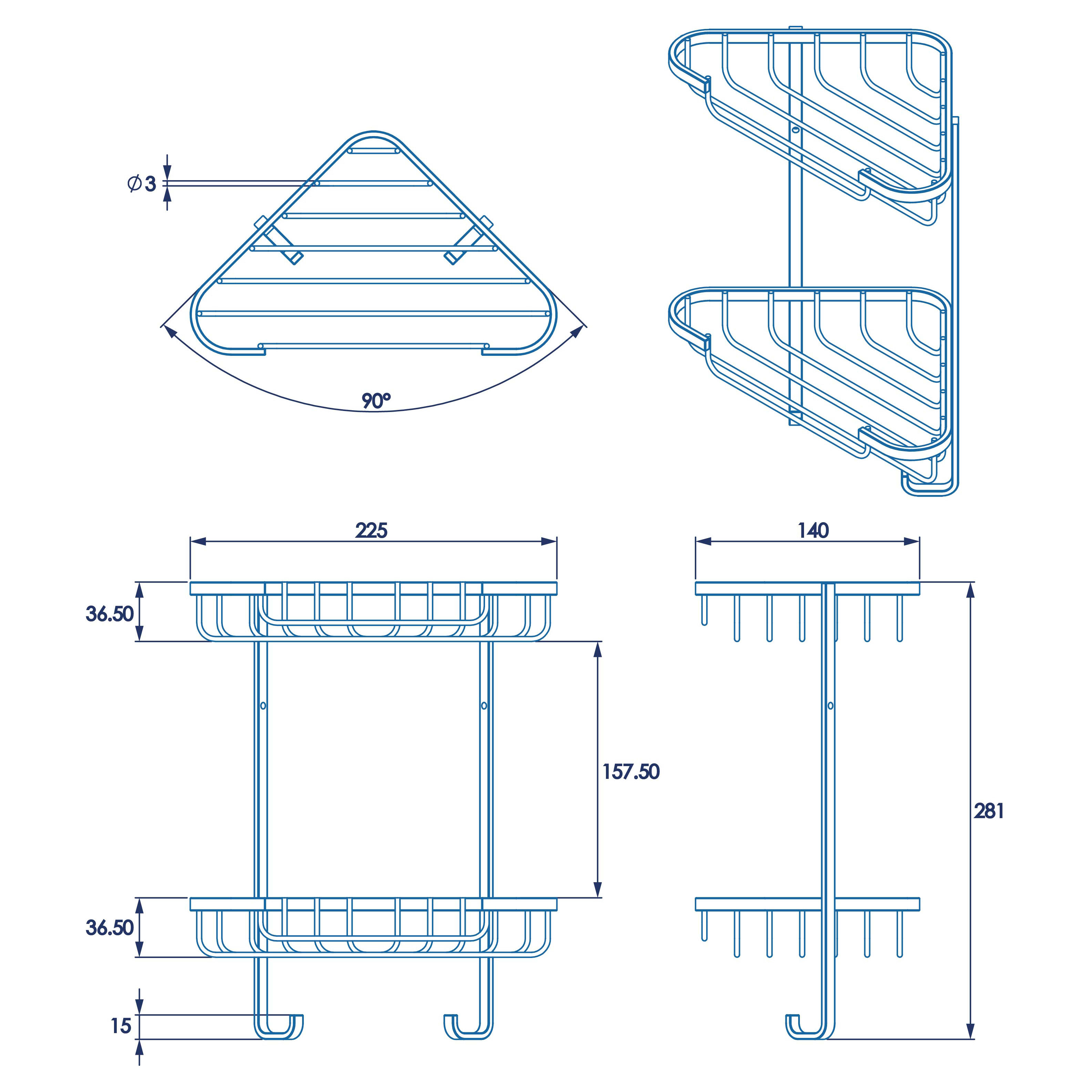Wirework Small Corner Shower Basket - Two Tier - 285 x 230 x 135mm - Mild Steel - view 4