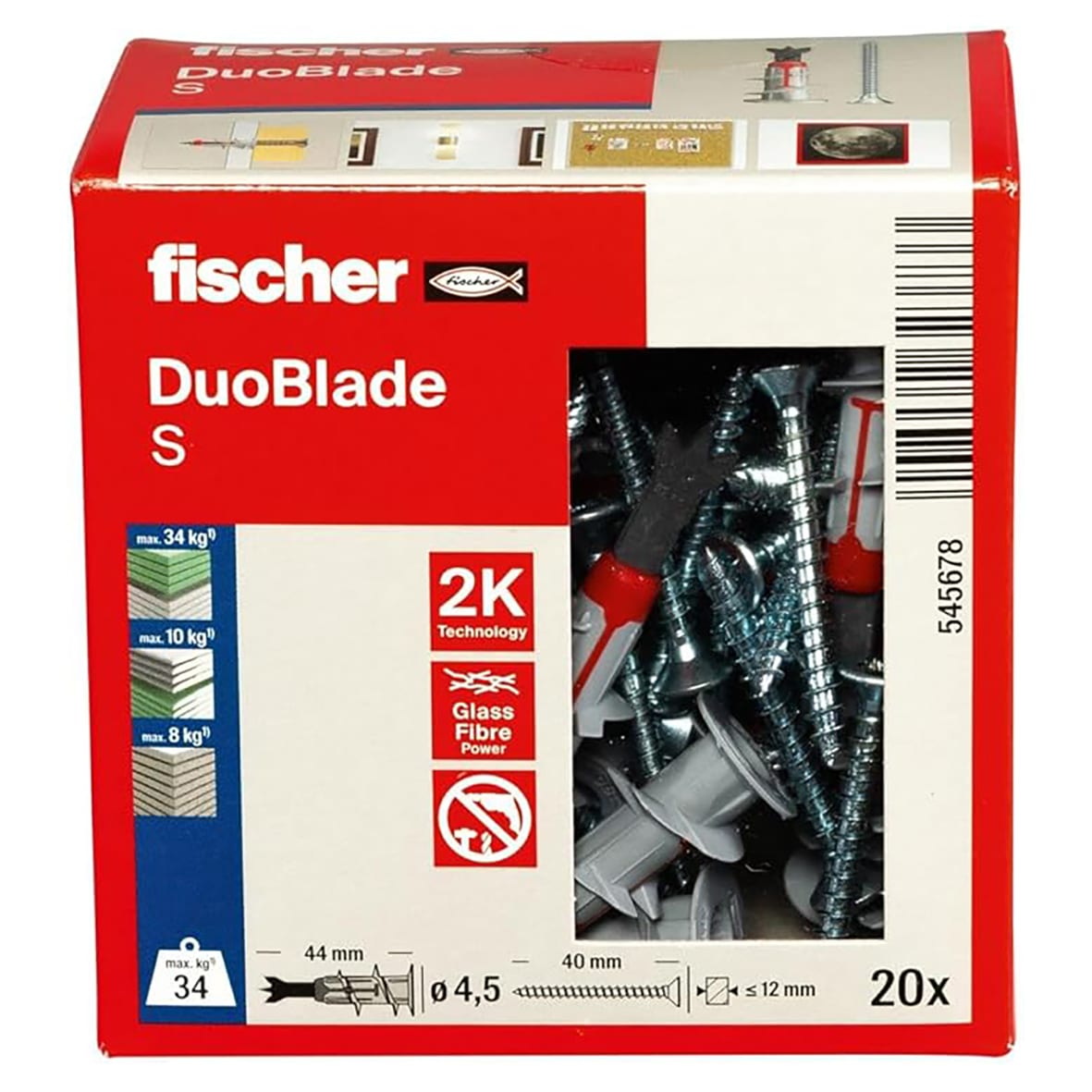Duoblade Plug & Screws for Plasterboard - 8 x 44mm - Red & Grey - Pack of 20 - view 2