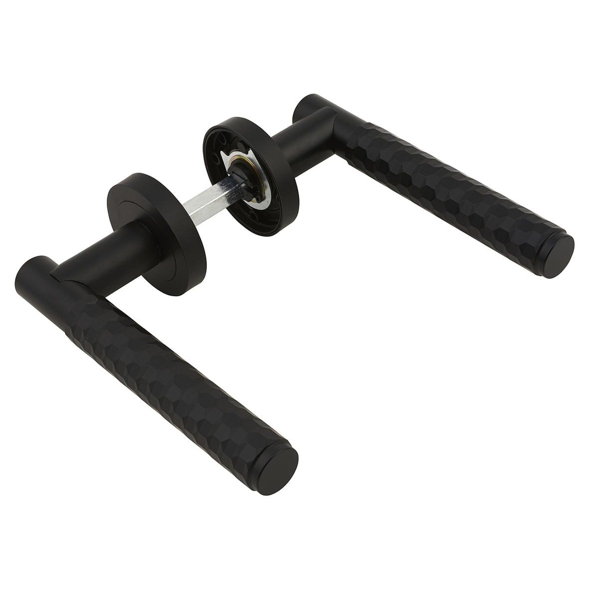 Matt Black Honeycomb Door Handles on Round Rose - Cara Range - view 5