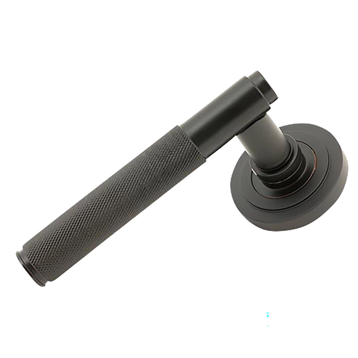 Aged Bronze Knurled Door Handles on Round Art Deco Rose - Brompton Range - view 2