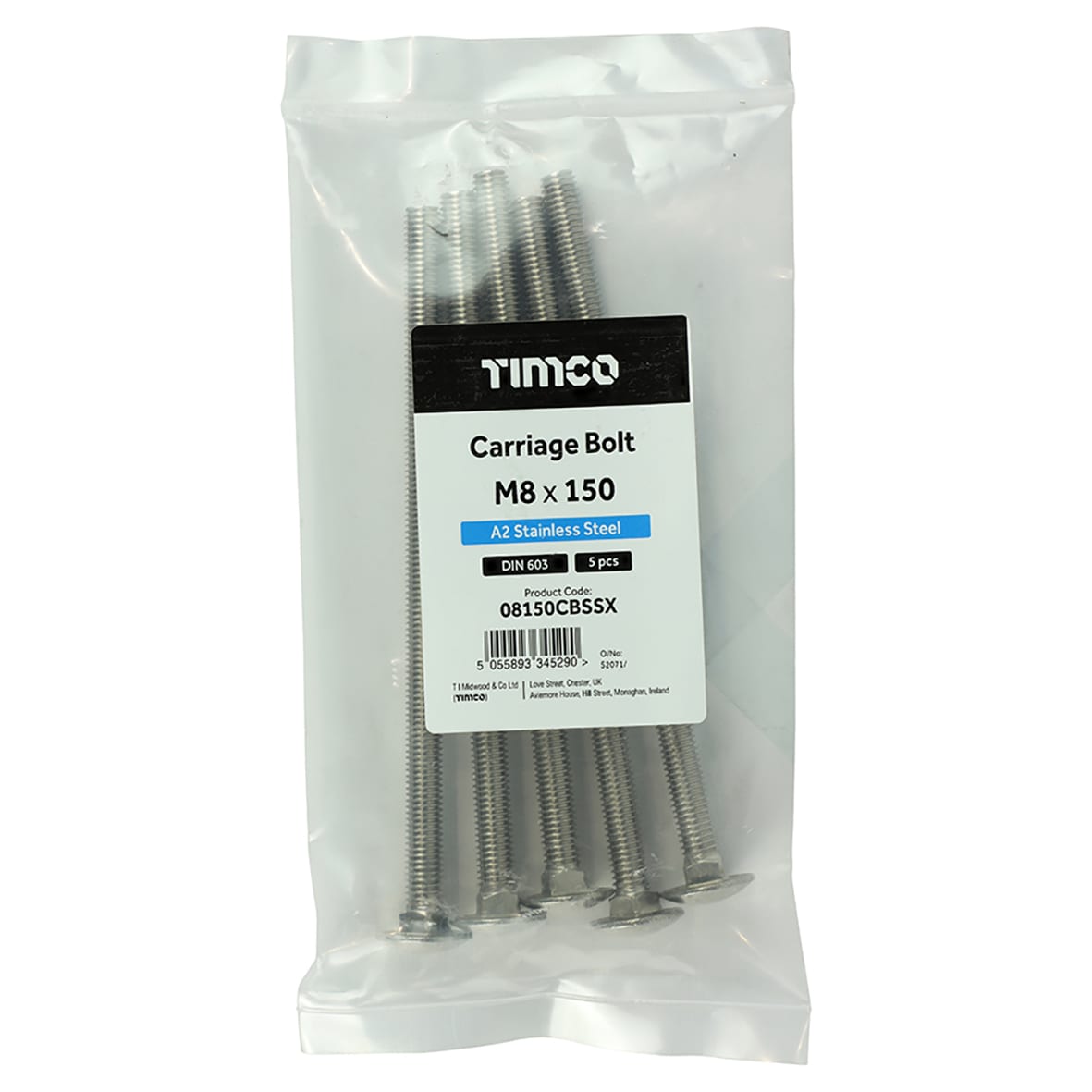 Carriage / Coach Bolt - M8 x 150mm - A2 Stainless Steel - Pack of 5 - view 3