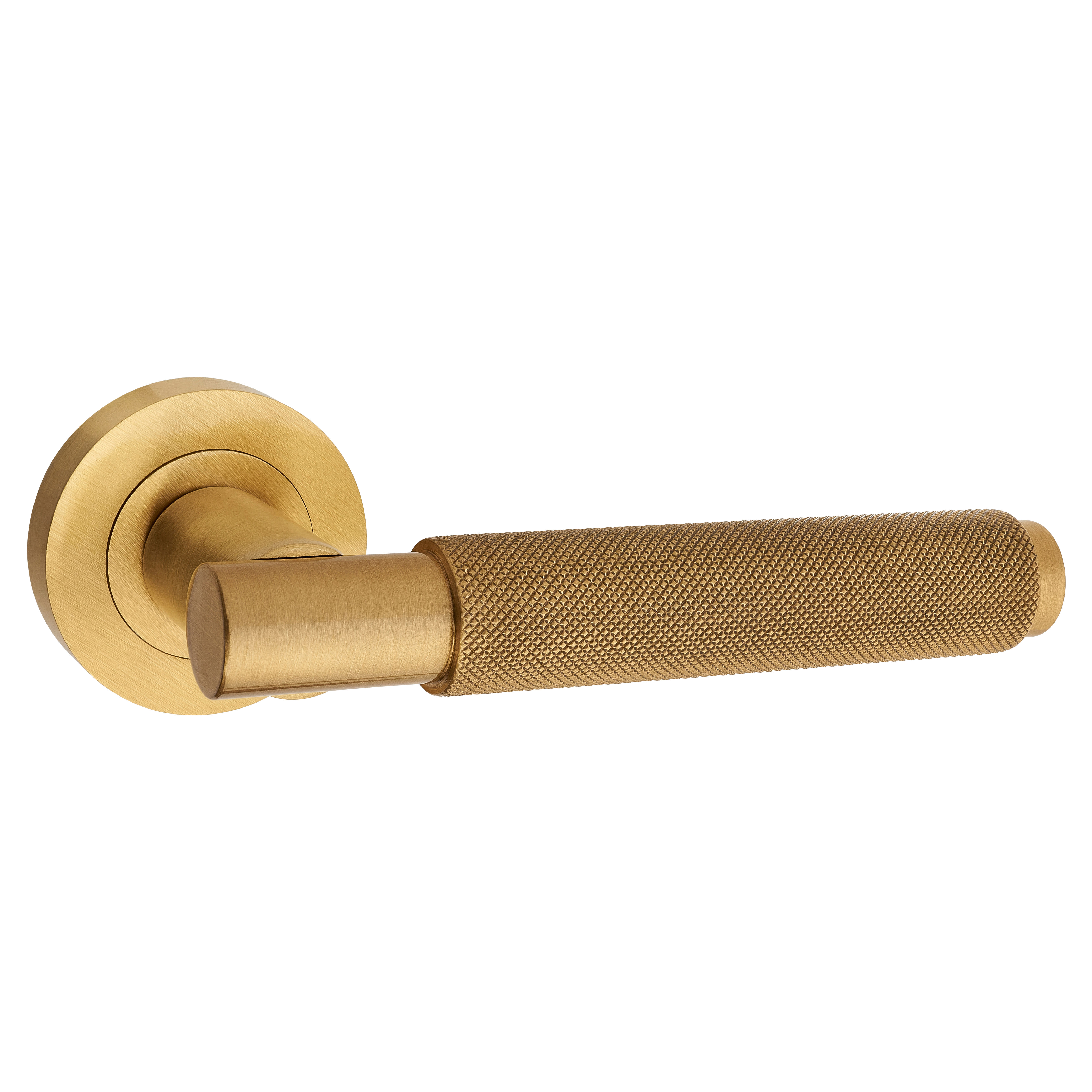 Brass Satin Brass Knurled Door Handles on Round Rose - Varese Range - view 2