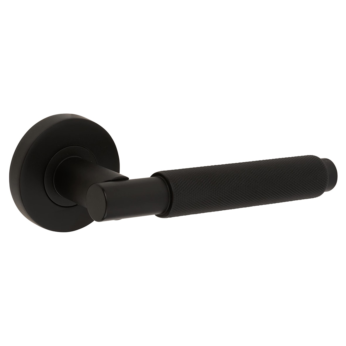 Matt Black Knurled Door Handles on Round Rose - Textura Range - view 2