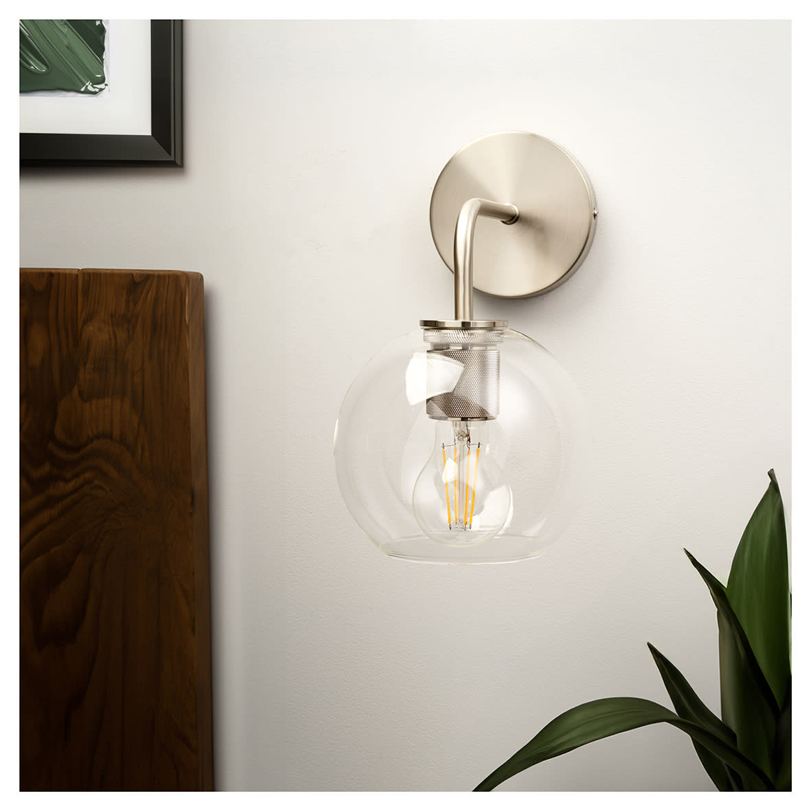 Noord Knurled Indoor Wall Light - Satin Nickel Fittings and Domed Clear Glass Shade - view 2