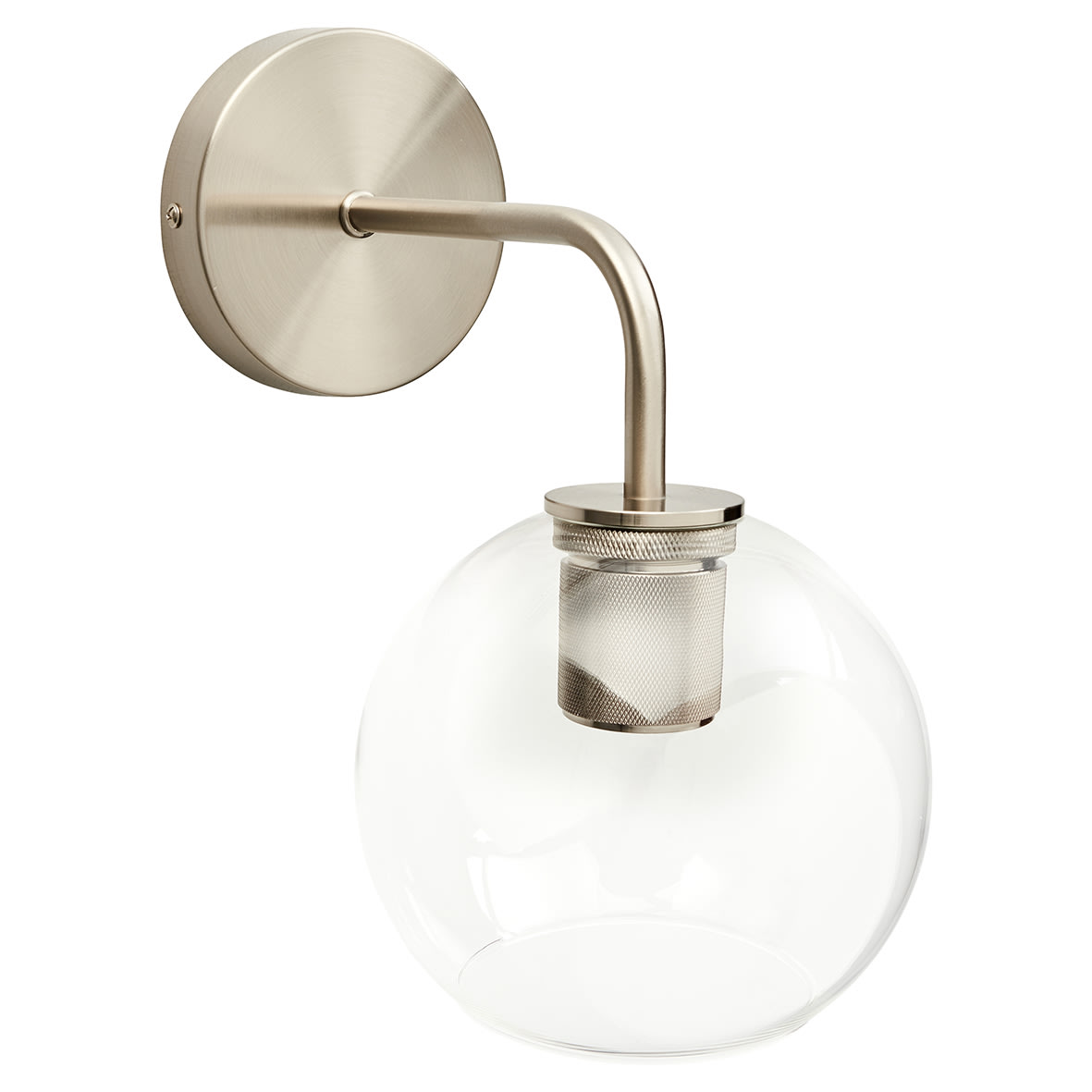 Noord Knurled Indoor Wall Light - Satin Nickel Fittings and Domed Clear Glass Shade - view 3