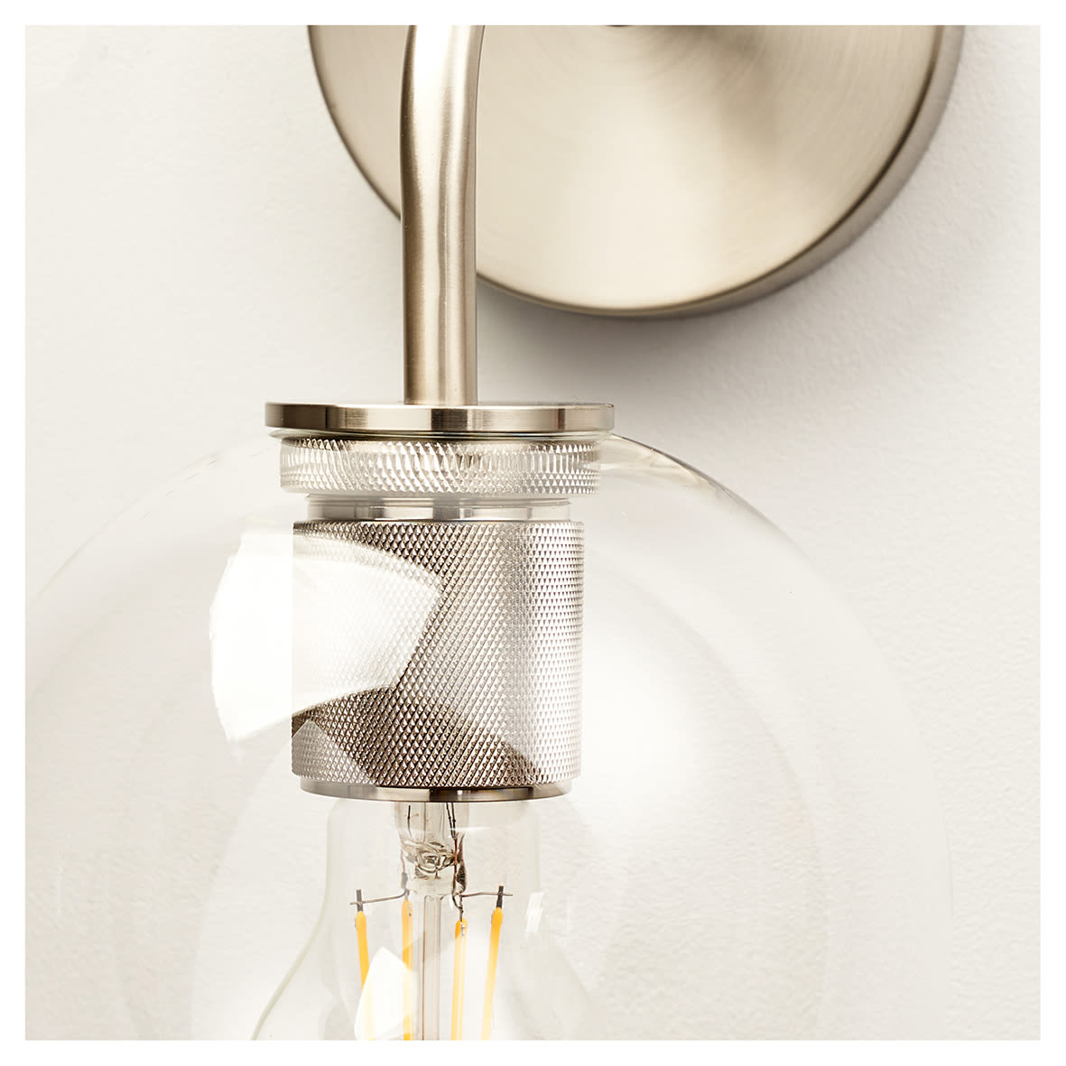 Noord Knurled Indoor Wall Light - Satin Nickel Fittings and Domed Clear Glass Shade - view 4