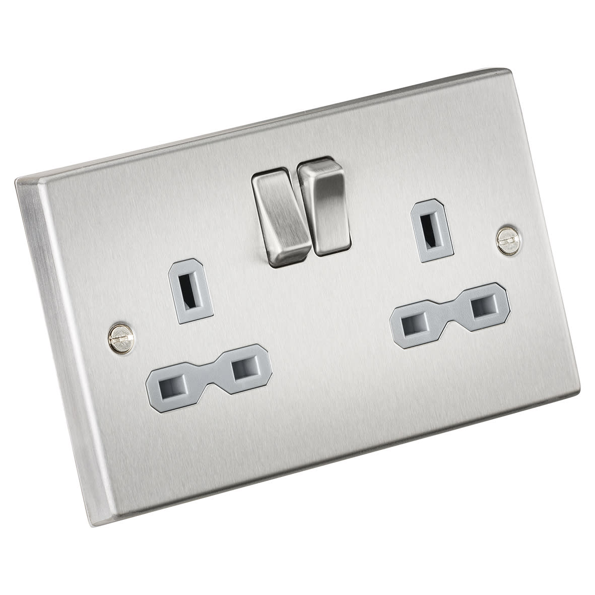 13A 2 Gang DP Switched Socket with Twin Earths - Brushed Chrome with Black Insert - view 2