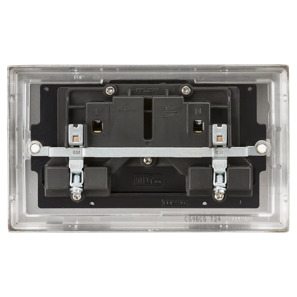 13A 2 Gang DP Switched Socket with Twin Earths - Brushed Chrome with Black Insert - view 4