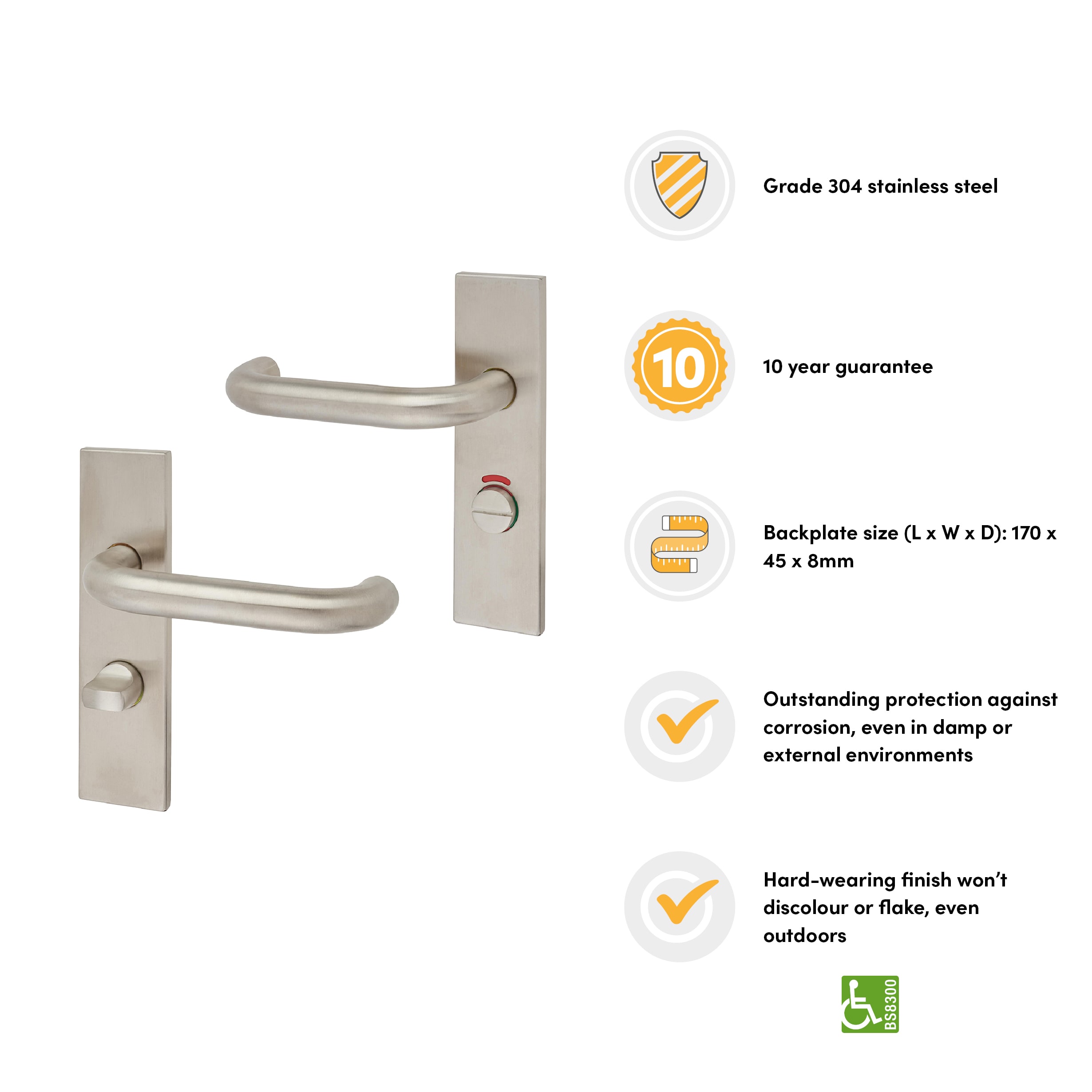 Satin Stainless Steel 19mm Return to Door Bathroom Door Handles - Square - 57mm c/c - RH - view 3