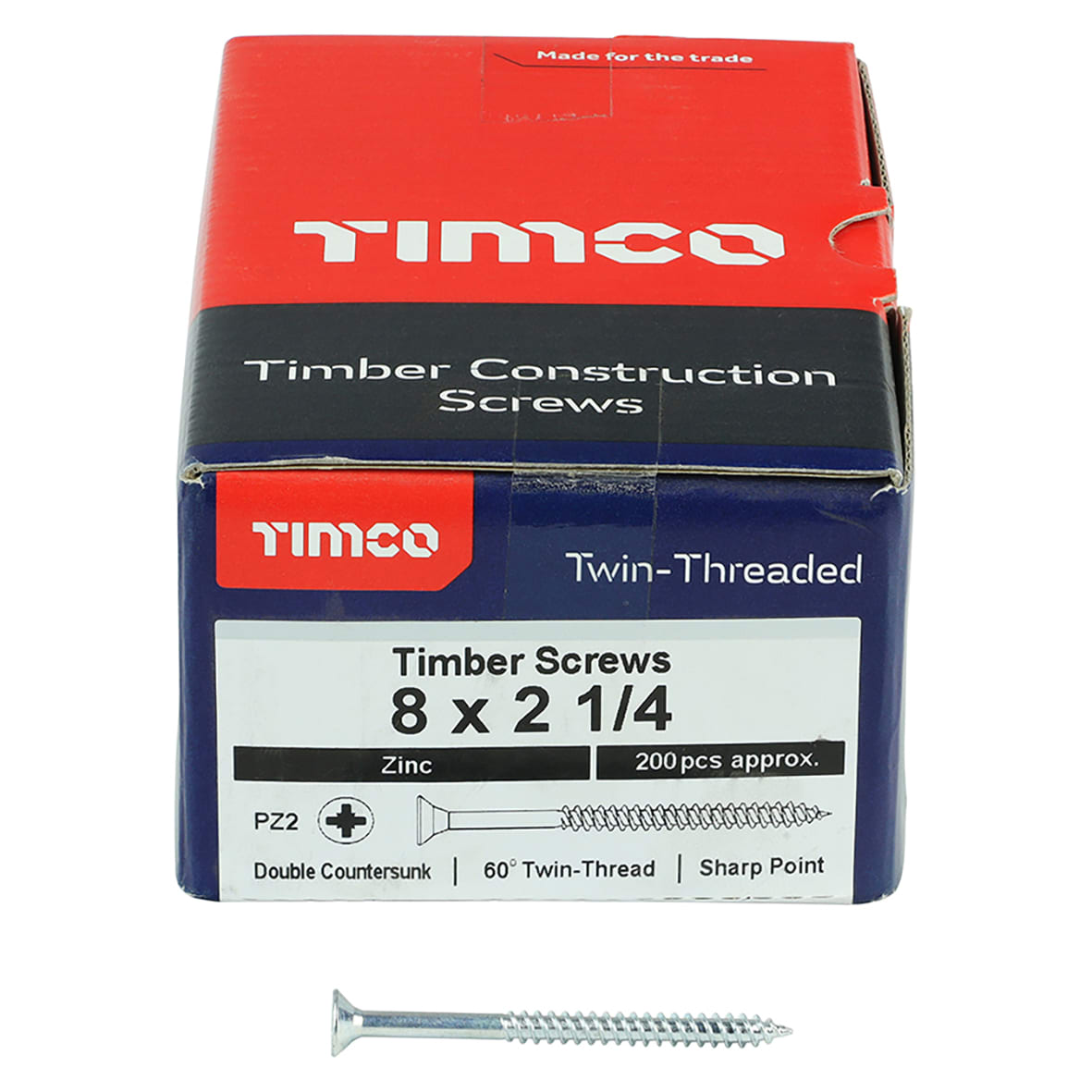 Twin Threaded Pozi Countersunk Wood Screws - 8 x 2 1/4" - Zinc Plated - Pack of 200 - view 2