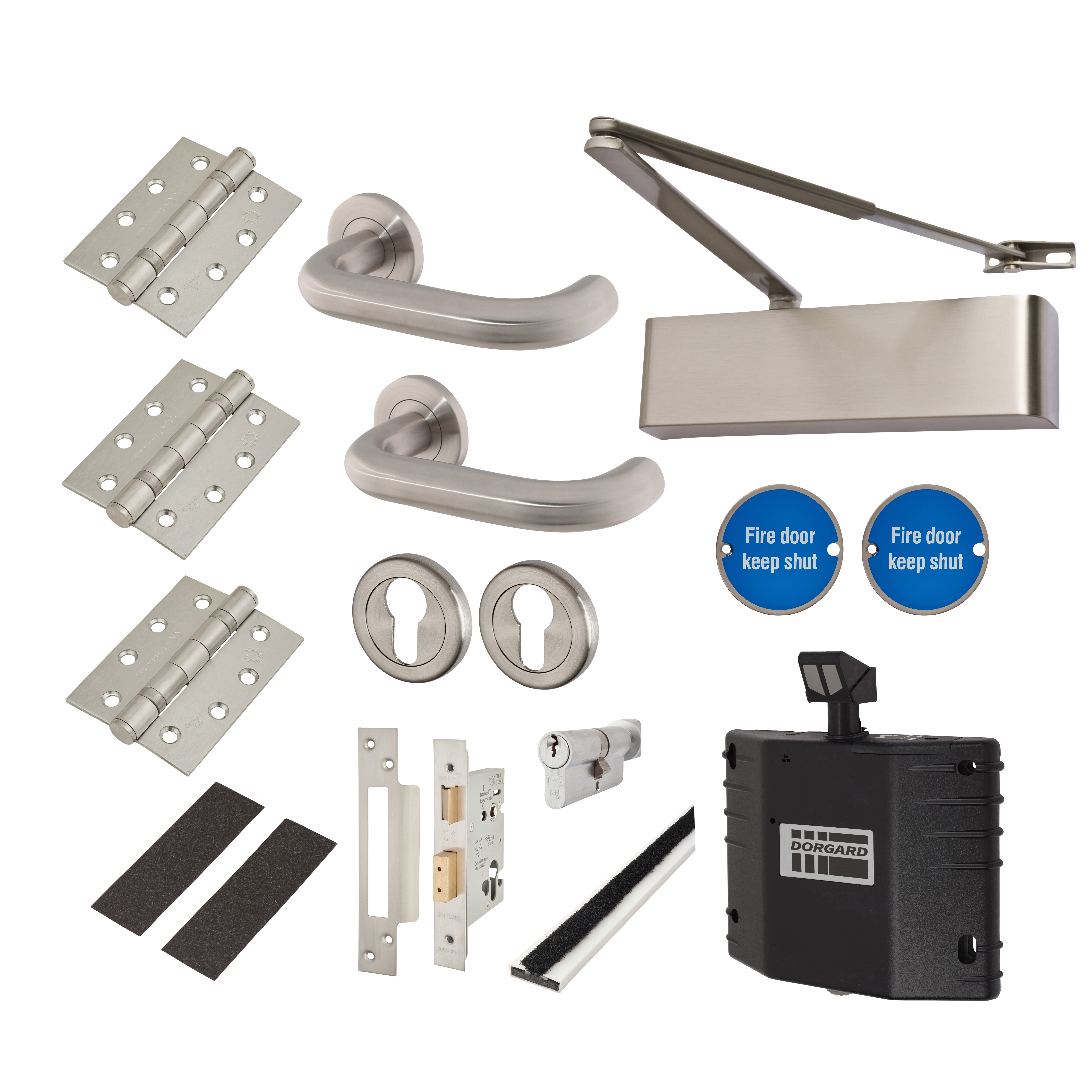 Heavy Duty Euro Lock Door Handle on Rose Fire Door Kit & Dorgard Holder - Silver - view 2