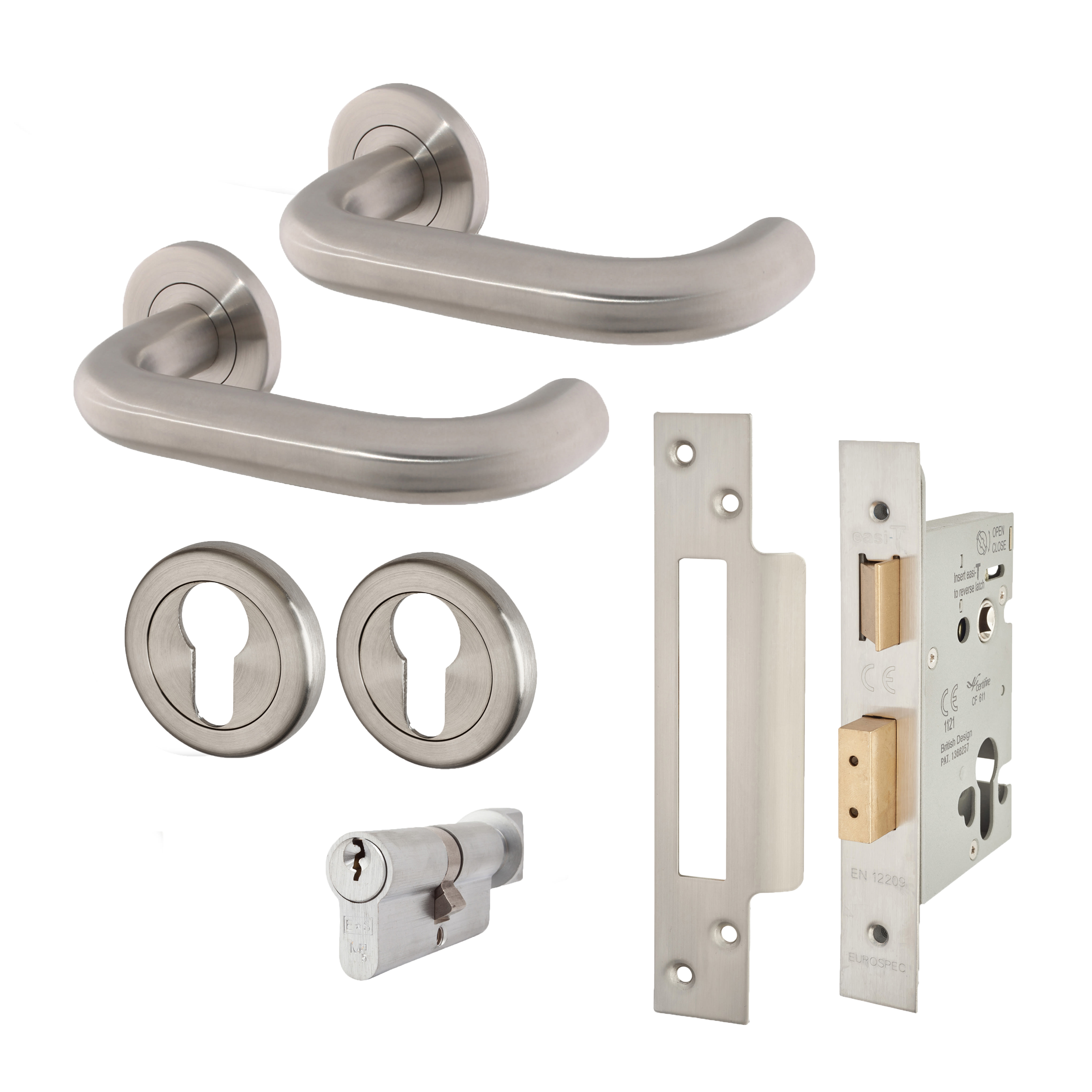 Heavy Duty Euro Lock Door Handle on Rose Fire Door Kit & Dorgard Holder - Silver - view 4