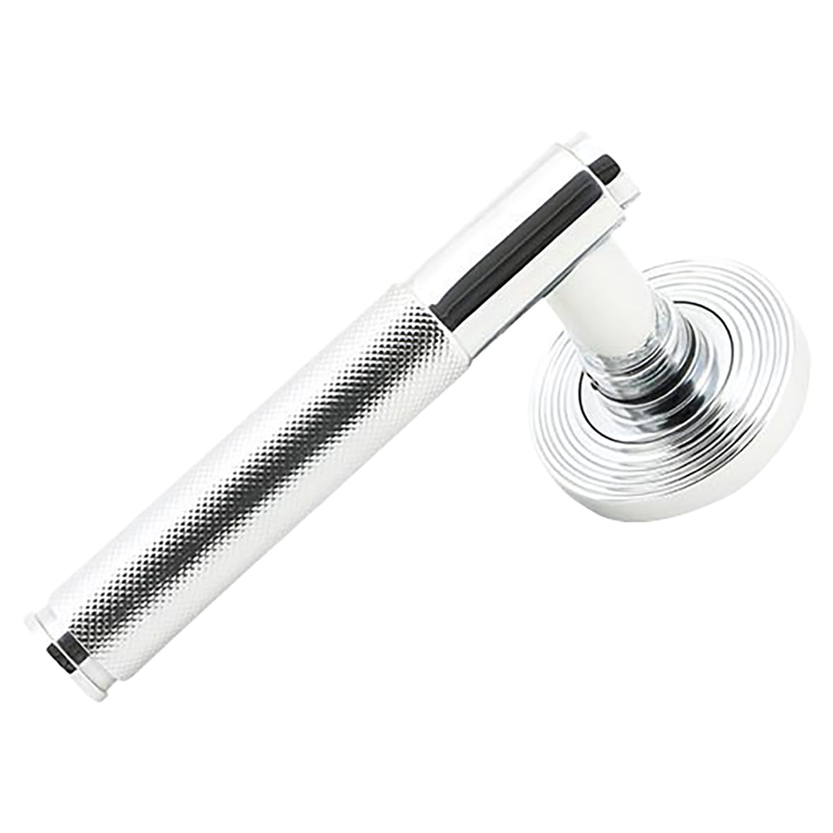 Polished Chrome Knurled Door Handles on Round Beehive Rose - Brompton Range - view 2