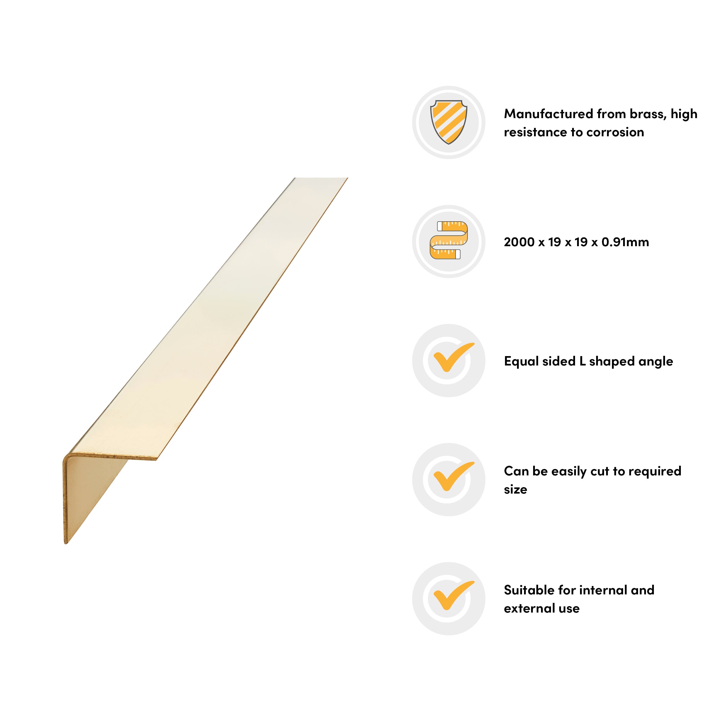 2000mm Solid Brass Angle - Equal Sided - 19 x 19 x 0.91mm - Polished - view 3
