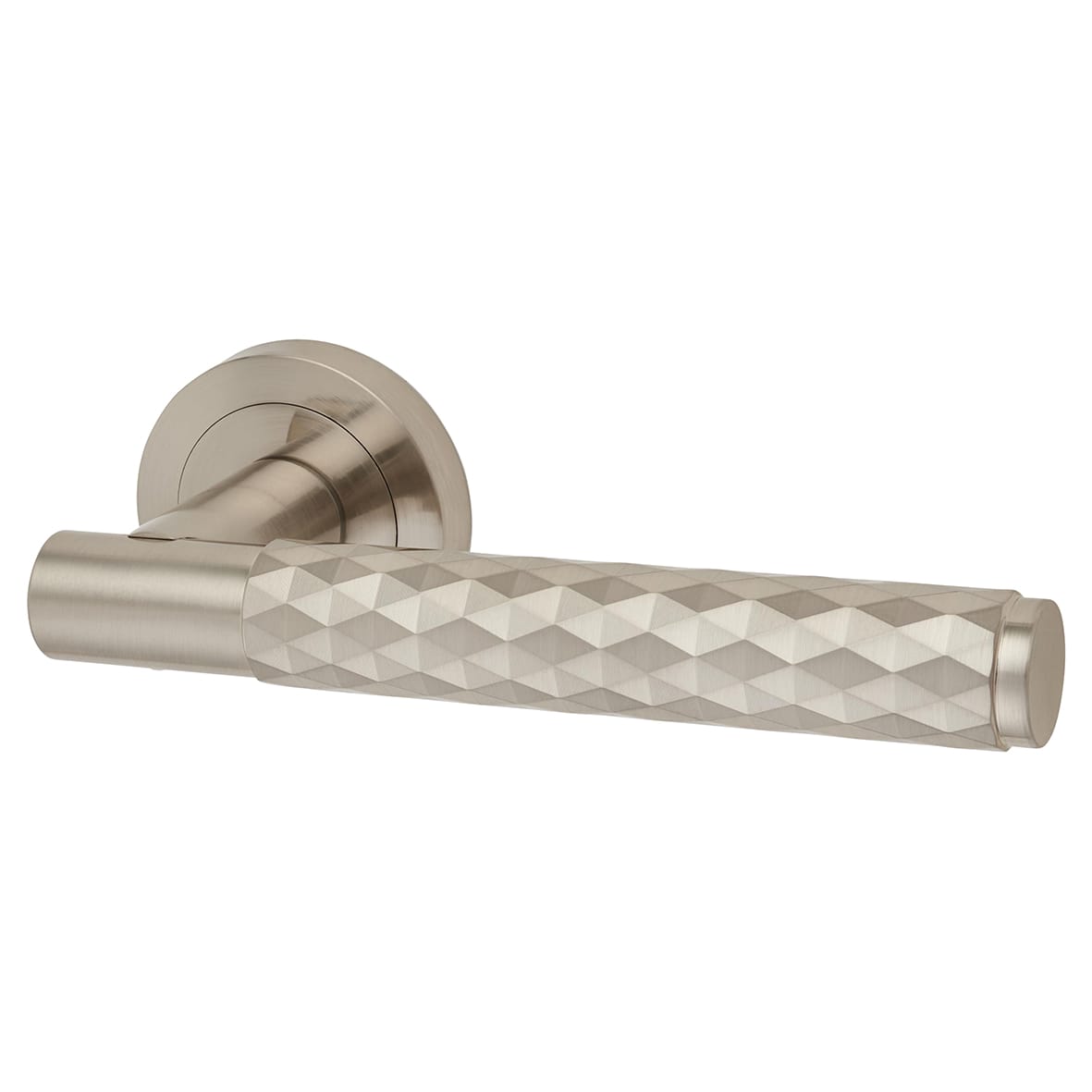 Satin Nickel Diamond Door Handles on Round Rose - Luna Range - view 2
